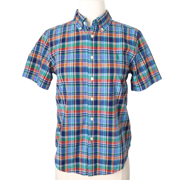 Ralph Lauren Blue Green Orange Plaid Short Sleeve Button Down Shirt- Child Boy - Picture 1 of 6